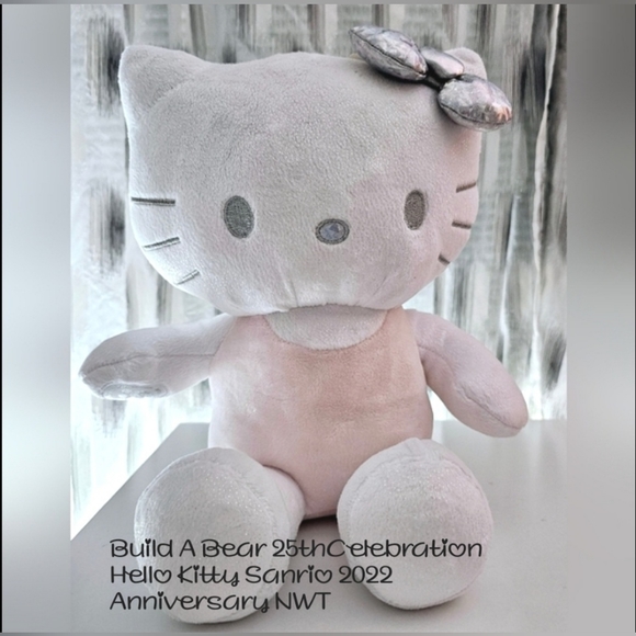 Build A Bear Hello Kitty 25th Anniversary Silver Holographic Bow White Pink BNWT - Picture 3 of 13